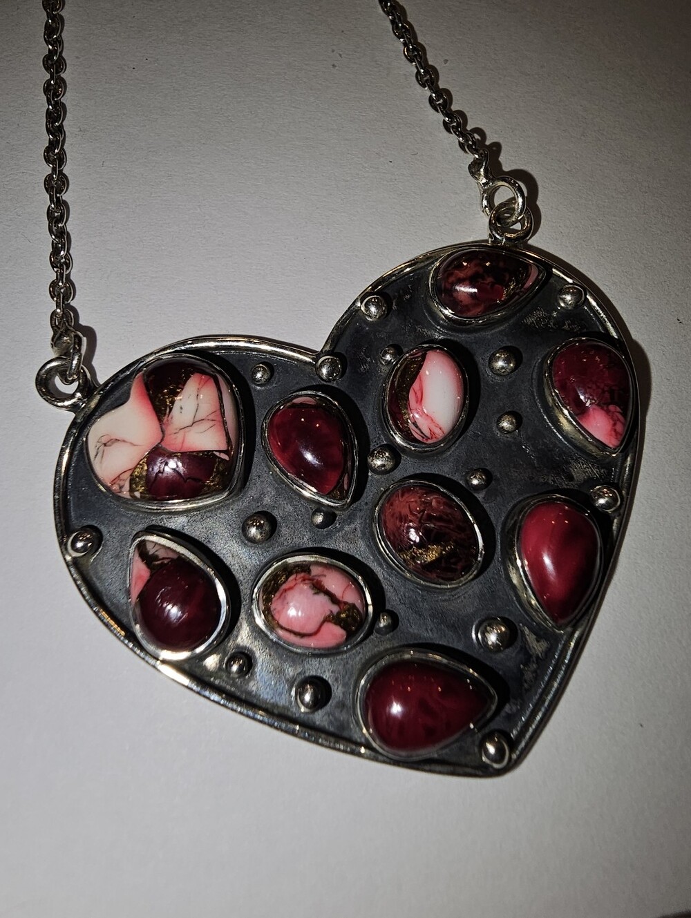 Navajo Sterling Silver Dahlia Rose Composite Multi-Stone Heart Necklace 21.77g
